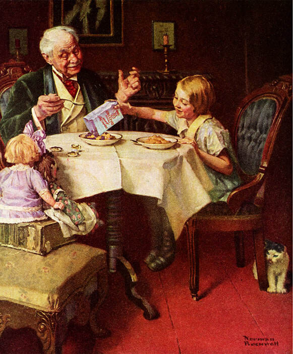 Painting of father and two children eating at the table by Norman Rockwell